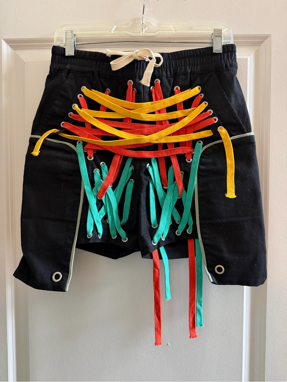 BLACK MULTI LACE STREETWEAR SHORTS/ RED/YELLOW AND TURQUOISE DRAWSTRING